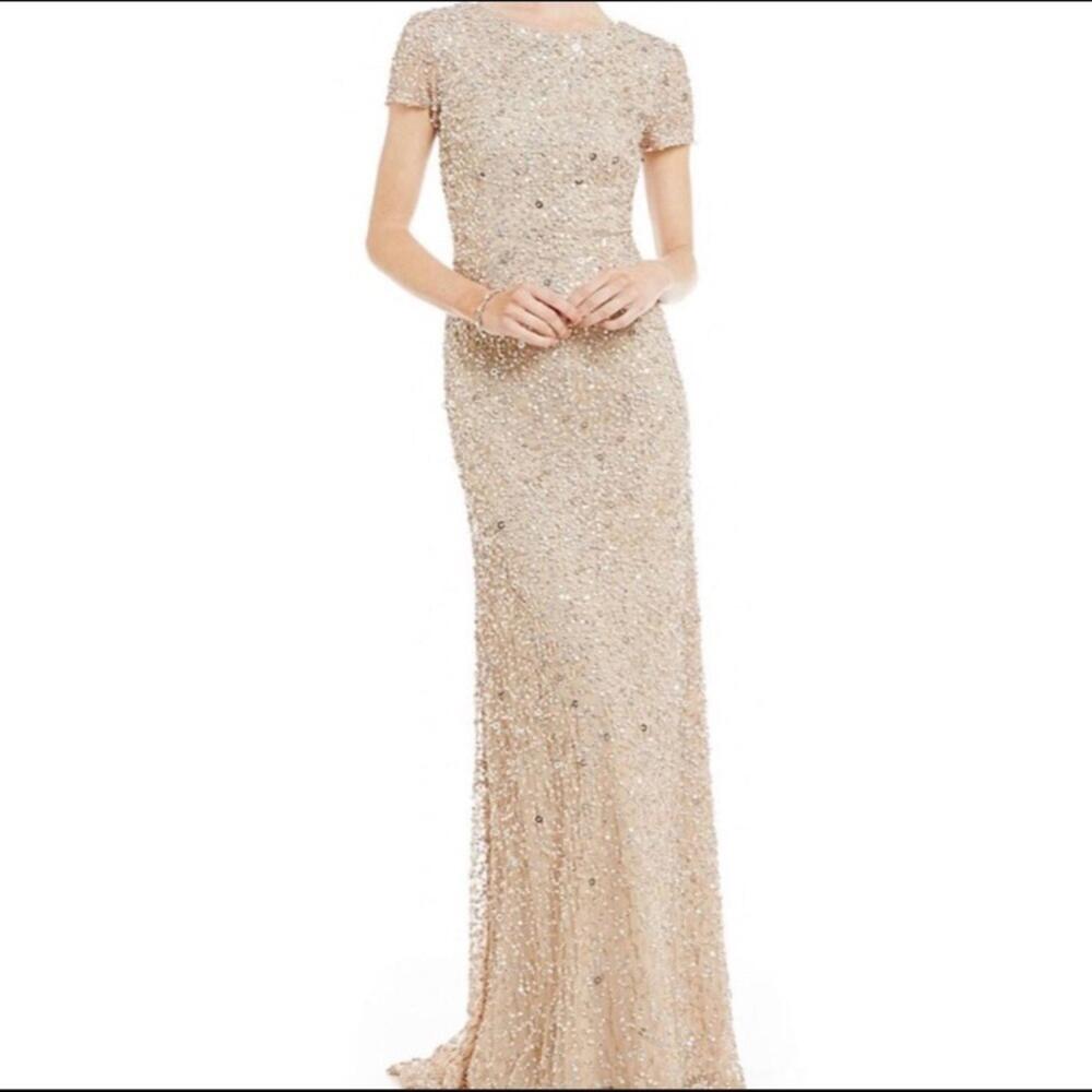 Adrianna Papell Champagne/Silver Sequin Dress Sz 2 Scoop Back Cap Sleeve MOB